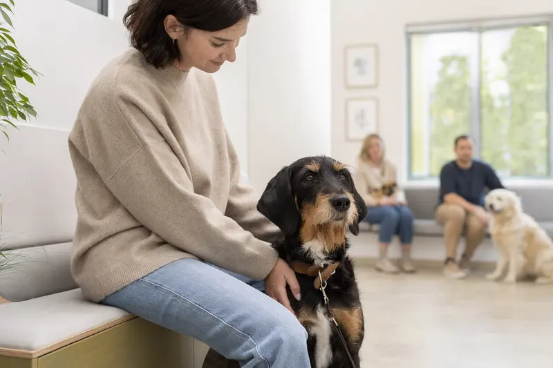 Berner Niederlaufhund Rauhhaar sitzt ruhig neben seinem Besitzer im hellen Wartezimmer einer modernen Tierarztpraxis.